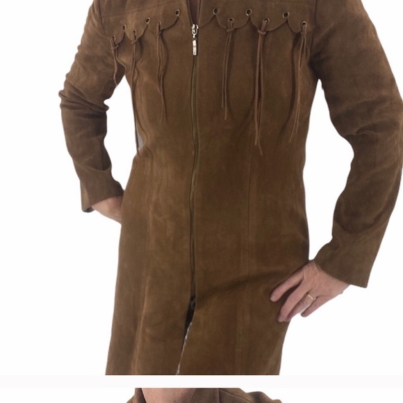 Faux Suede long brown coat with fringe size medium - Picture 7 of 12